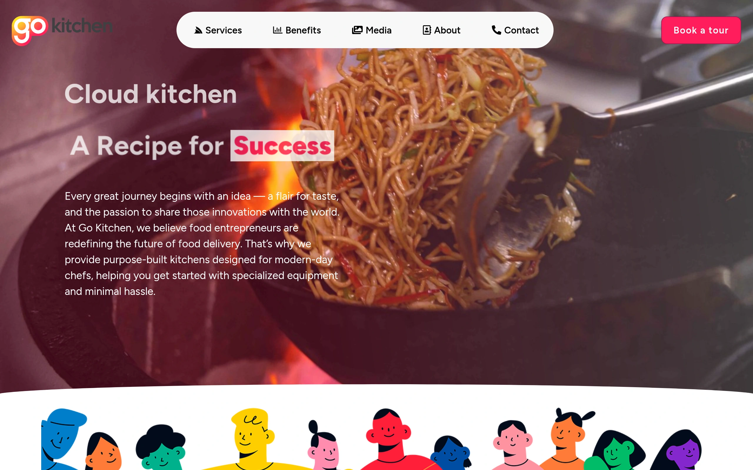 Go Kitchen Dubai cloud kitchen website hero — colorful food brand landing page at Marina Village Dubai Marina