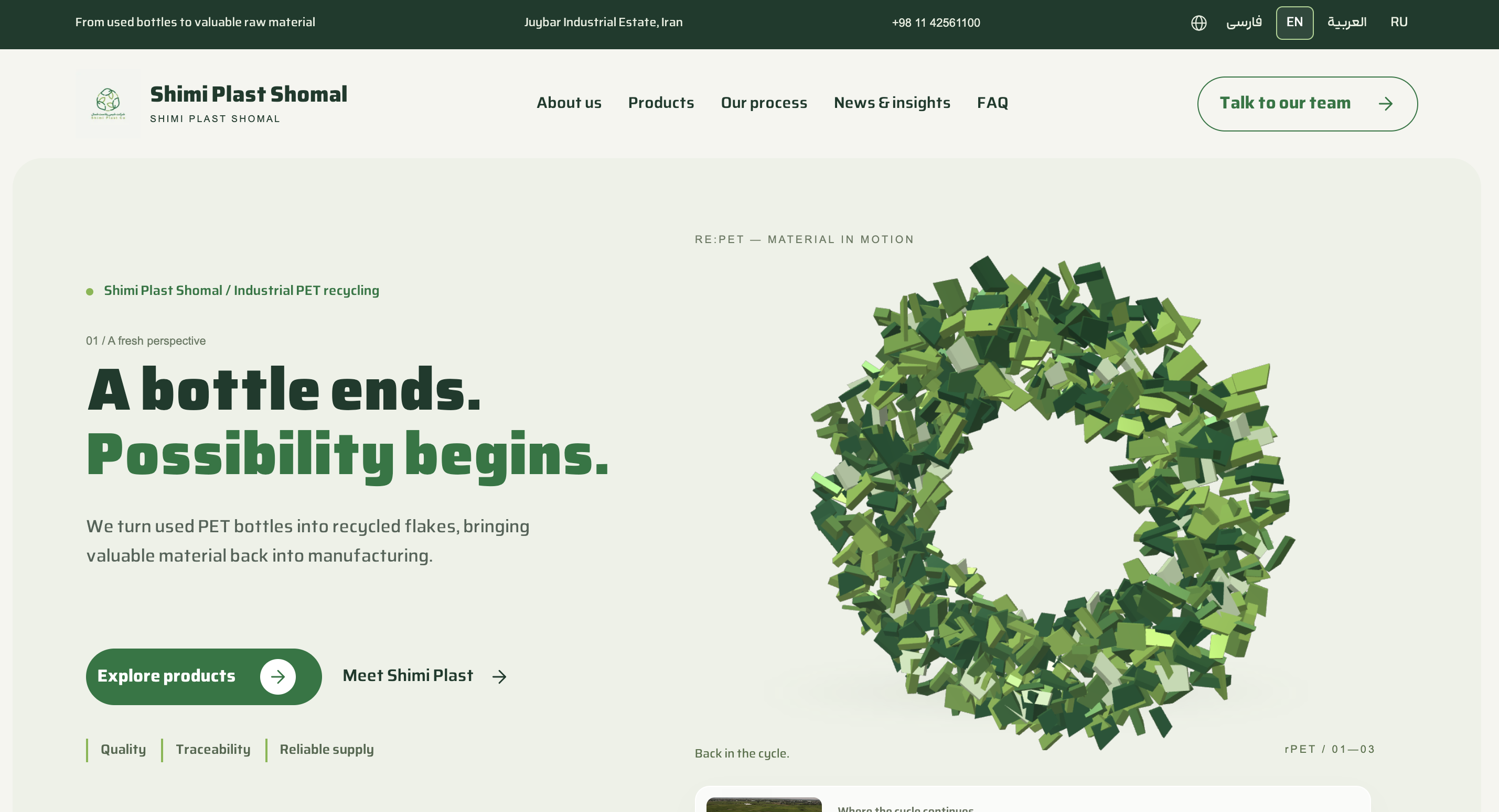 Shimi Plast Shomal WordPress homepage with recycling graphic and product navigation